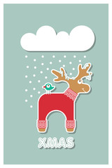 Vector xmas cute greeting card with adorable reindeer in knitted sweater. Merry Christmas winter card.