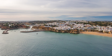 Aerial panorama the harbor and the town of Albufeira.