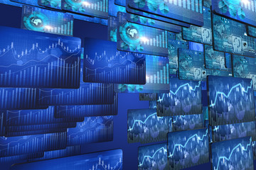 Many screen monitors with charts and graphs