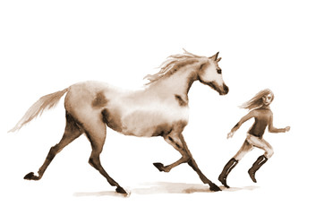 Watercolor hand painting horse and girl running on the field. Beautiful hand drawing sepia illustration on white. Artistic background.