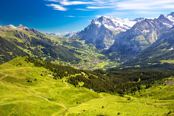 Panorama view to Grindelwald from Männlichen. Jungfrau region, Switzerland