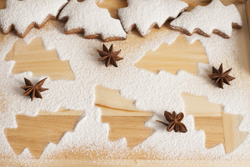 christmas gingerbread cookies baking process , dough and rolling pin,shallow depth of field.