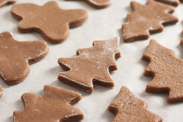 christmas gingerbread cookies baking process , dough and rolling pin,shallow depth of field.