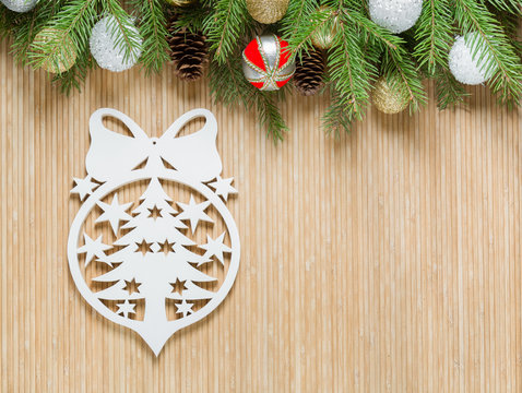 Christmas decorations on wooden background, tree with stars
