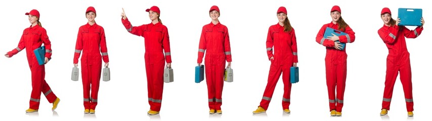 Woman in red overalls isolated on white