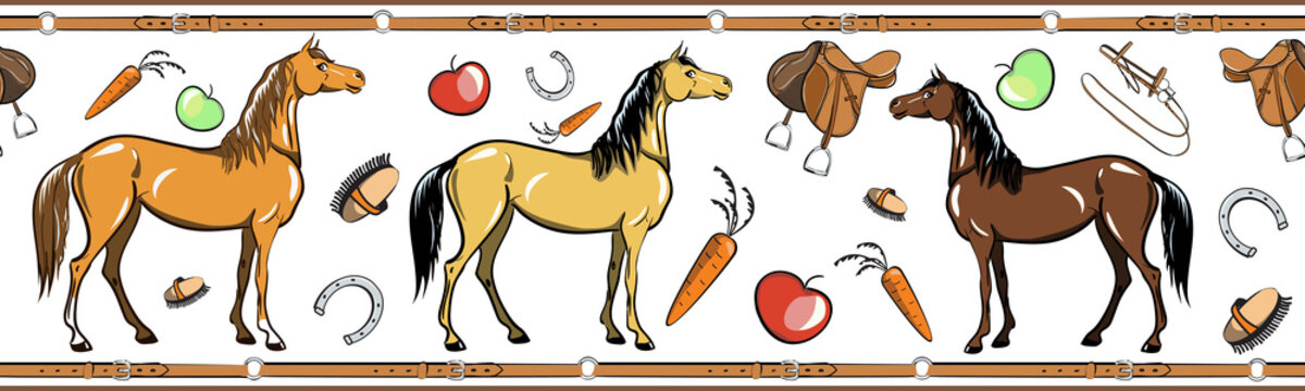 Horse and horseback riding tack tool seamless border. Equine sport in the leather belt frame. Cartoon Saddle, brush, bridle, stirrups, horseshoe. Hand drawing vector background