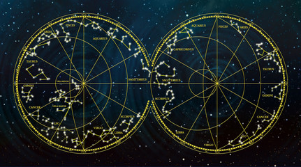sky map depicting constellations and zodiac signs.