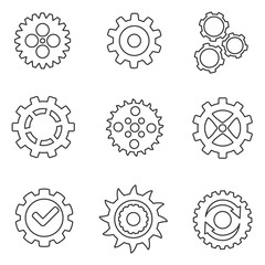 Gears icons set. Details of the mechanism, thin line design. Drive with teeth, linear symbols collection. isolated vector illustration.