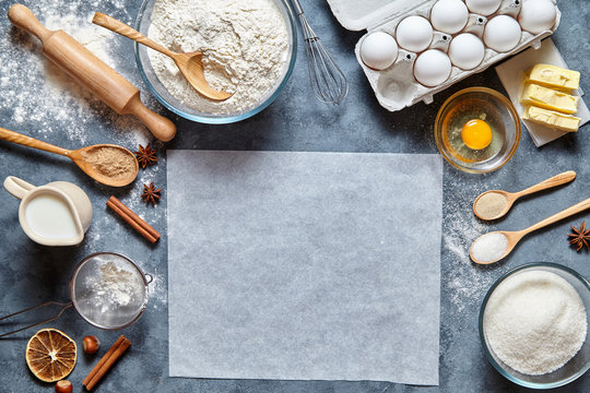 Dough preparation recipe bread, pizza or pie ingridients, food flat lay on kitchen table background. Working with butter, milk, yeast, flour, eggs, sugar pastry or bakery cooking. Text space