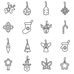 Christmas decorations icons set. Christmas toy for the christmas tree, thin line design. Toys on a rope, linear symbols collection. isolated vector illustration.