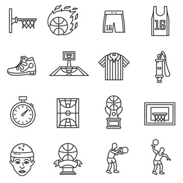 Basketball icons set. The game of basketball, thin line design. Attributes for basketball, linear symbols collection.