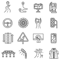 Fototapeta premium Road icons set. Highway, thin line design. The road to wheeled vehicle, linear symbols collection. Driving on the road, isolated vector illustration