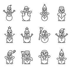 Snowmen set. Collection snowman in various poses, thin line design. isolated vector illustration.