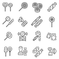 Candies icons set. Various sweets, thin line design. Sugar and chocolate products, linear symbols collection. Production of sweets, isolated vector illustration.