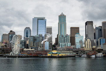 Seattle waterfront skyline view from ferry.