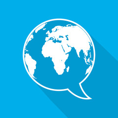 Speech bubble with Earth map inside. Vector illustration.