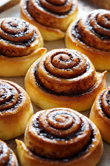 Sweet cinnamon rolls buns with spices and cocoa. Close-up. Kanelbulle - swedish sweet homemade dessert. Christmas baking pastry.