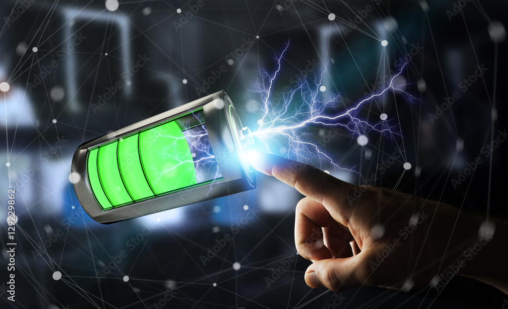 Aufkleber Man touching 3D render battery with lightning with his finger