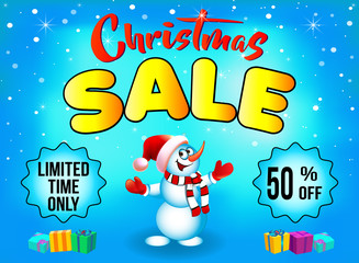 Sale, discount. Merry Christmas, snowman, greeting cards printing. Turquoise background.