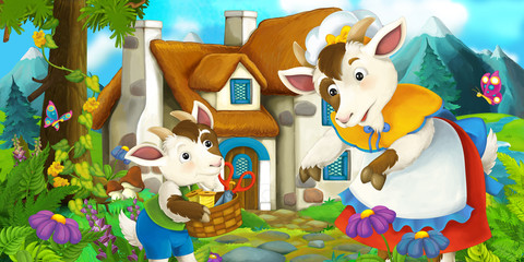 Happy and funny traditional farm scene with goats - mother and son - stage for different usage - illustration for children