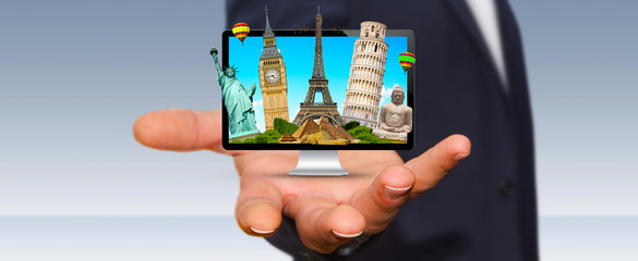 Man travelling the world with his computer