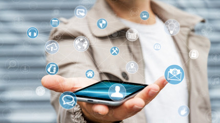 Businessman holding multimedia network 3D rendering