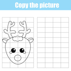 Grid copy children educational game, drawing kids activity, Christmas, winter holidays, animals theme