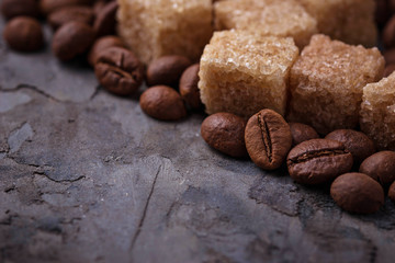 Brown cane sugar and coffee beans
