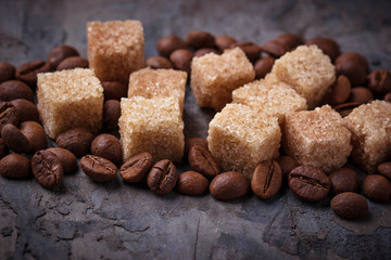 Brown cane sugar and coffee beans