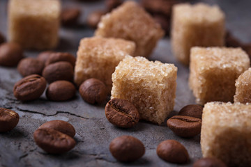 Brown cane sugar and coffee beans