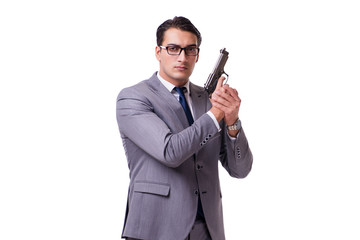 Naklejka premium Aggressive business manager with handgun isolated on white