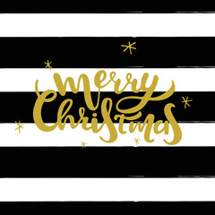 Merry Christmas gold lettering design. Vector illustration with hand drawn black stripes. Winter holiday