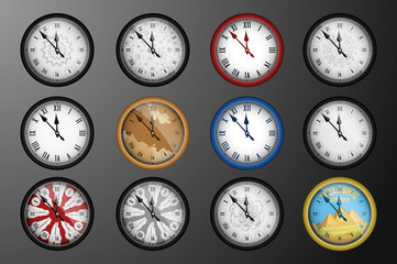 Pack of 12 realistic vintage clocks isolated on dark background. Vector illustration