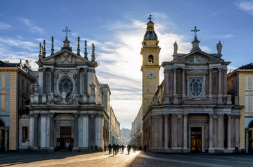Piazza San Carlo, one of the main squares of Turin (Italy) with its twin churches - obrazy, fototapety, plakaty