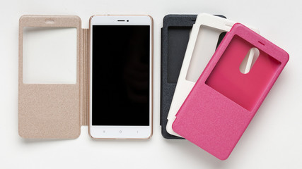 Set of colored plastic protective case  for smartphone with a window, isolated on a white background