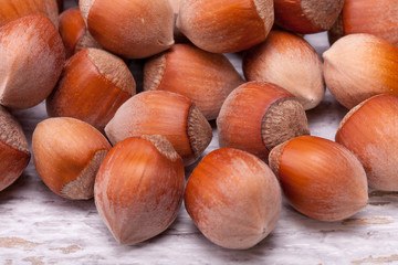 Nuts in close up shooting on wooden table