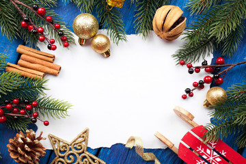 Fototapeta na wymiar Christmas border with decoration on a wooden board