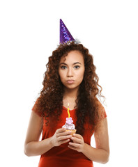 Beautiful African girl with birthday cake, isolate on white