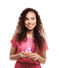 Beautiful African girl with birthday cake, isolate on white