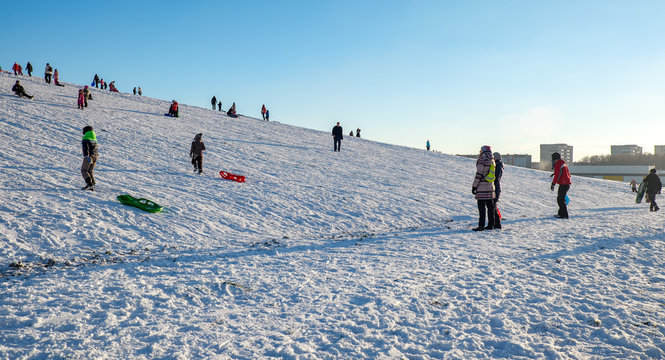 Snow Sledding Hill In A City