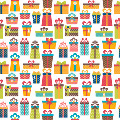 Seamless pattern with colorful gift boxes. Christmas theme. Birt