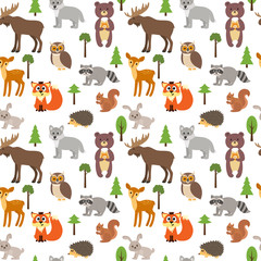 Fototapeta premium Seamless pattern with cute forest animals and trees on white bac