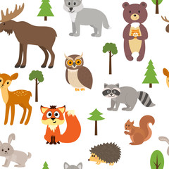 Seamless pattern with cute forest animals and trees