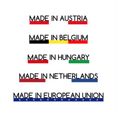 Simple vector logos Made in Austria, Made in Belgium, Made in Hungary, Made in Netherlands and Made in European Union