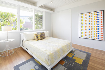 Modern Bedroom with double mattress, rug and Art.