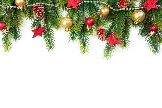 Christmas border with trees, balls, stars and other ornaments, isolated on white