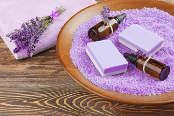 Fototapeta na wymiar Spa composition with lavender essential oils, closeup