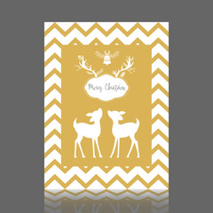Gold Christmas greeting card with bell and bambi. Vector illustration.