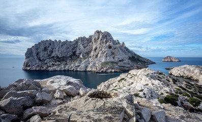Fototapeta na wymiar île méditerranéenne et rochers sur les côtes de Marseille 