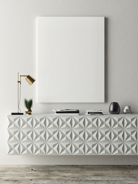 Close  up poster on chest drawers, 3d illustration